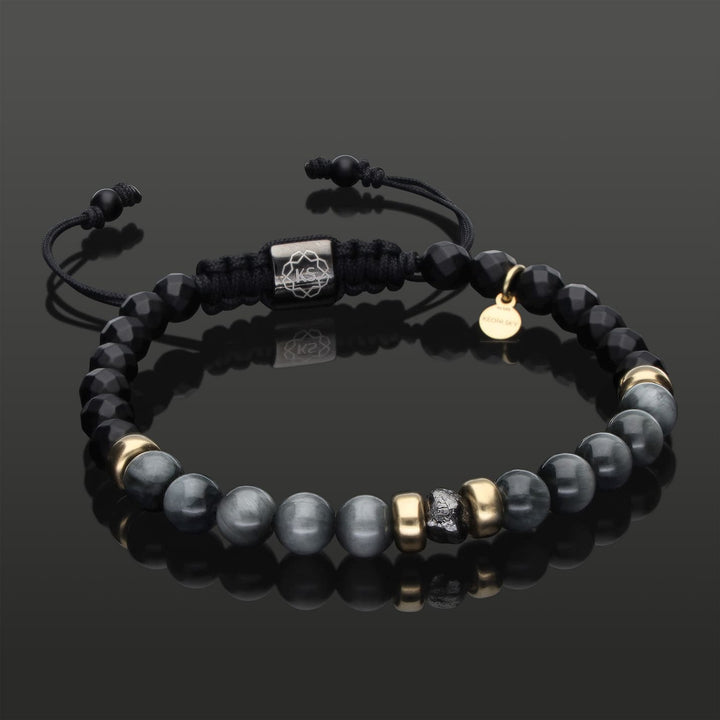Edelstein Makramee-Armband mit schwarzem Rohdiamant, 585 Gold, Falkenauge &amp; Onyx in 6mm