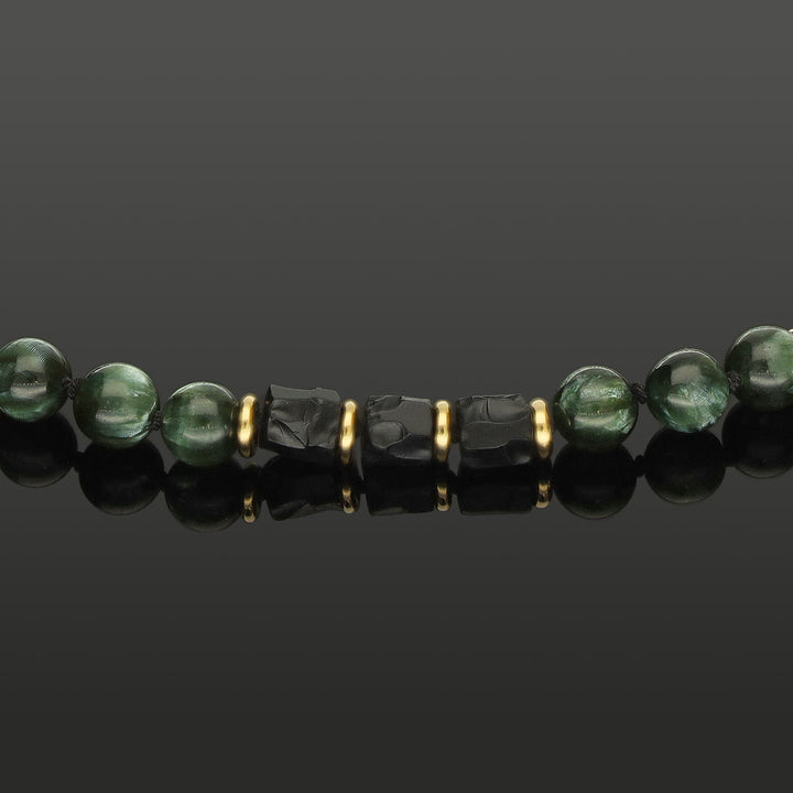 Halskette mit SkyRock aus Onyx, Serafinit &amp; 585 Gelbgold in 8mm