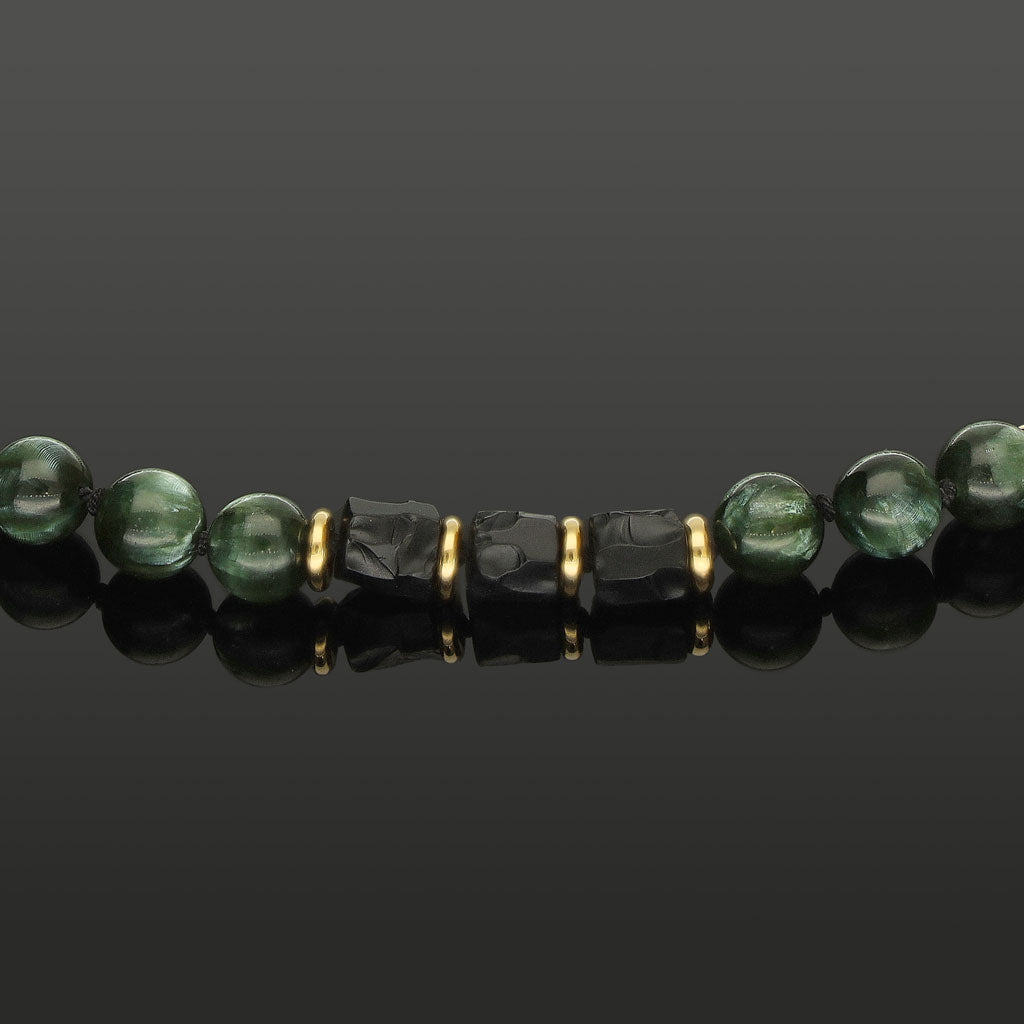 Halskette mit Onyx in Rough Cut, Serafinit und 585 Gelbgold in 8mm
