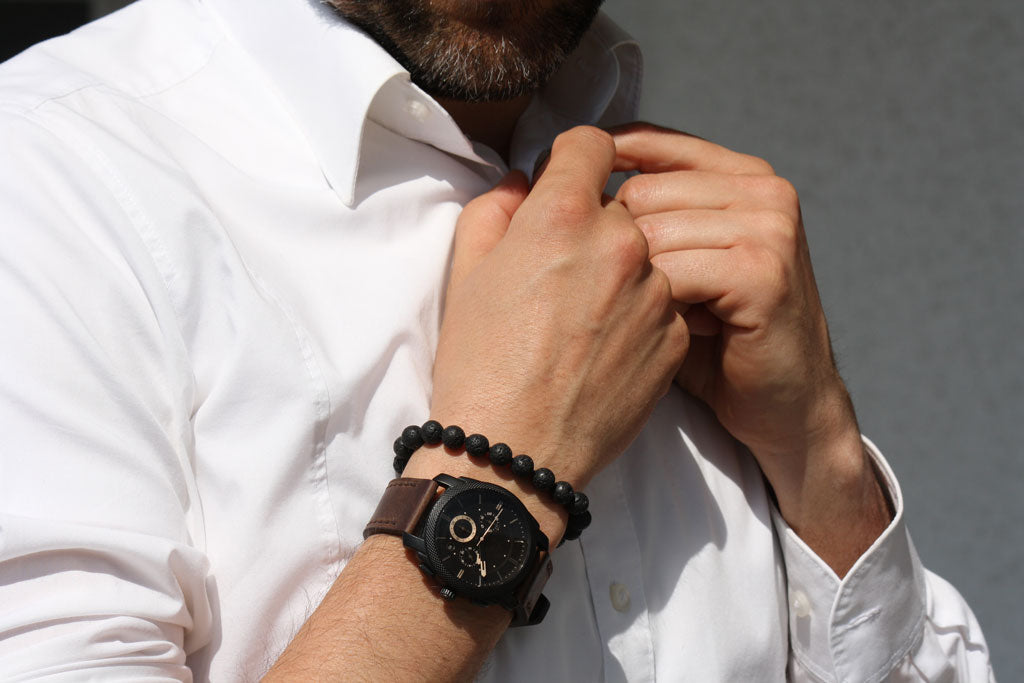 Unisex Armband aus Lavastein & 925 Silber in 8mm