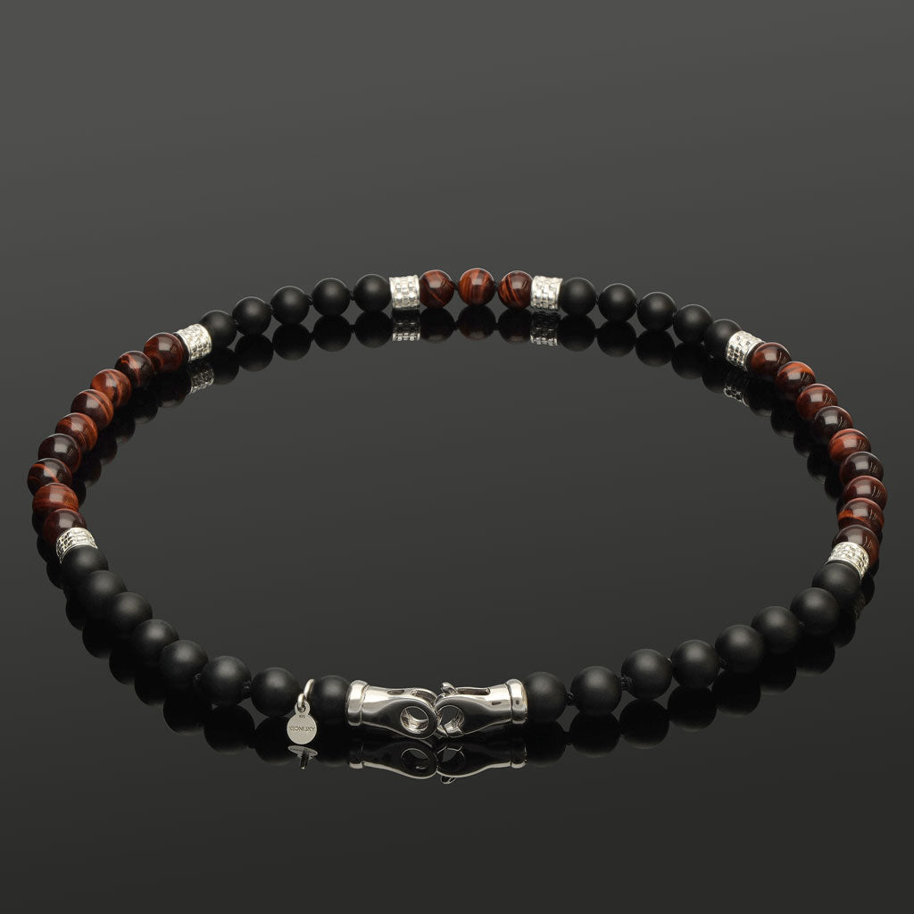 Halskette mit rotem Tigerauge, Onyx &amp; 925 Silber in 8mm