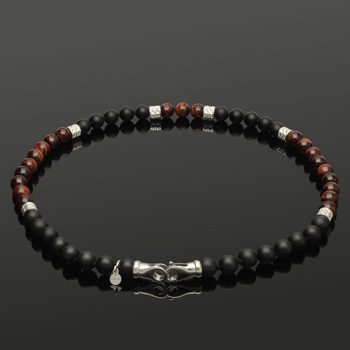 Halskette mit rotem Tigerauge, Onyx &amp; 925 Silber in 8mm