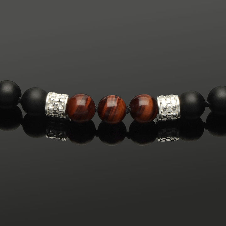 Halskette mit rotem Tigerauge, Onyx &amp; 925 Silber in 8mm