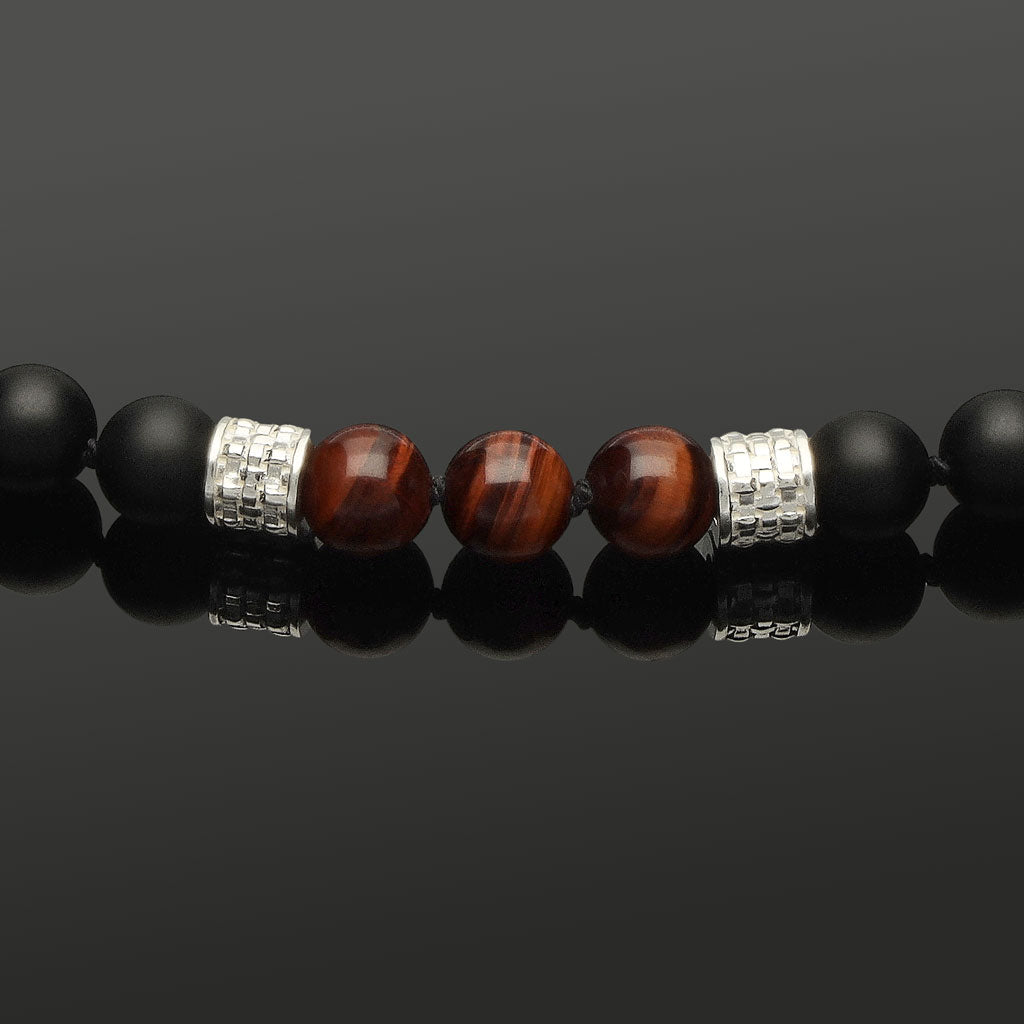 Halskette mit rotem Tigerauge, Onyx & 925 Silber in 8 mm
