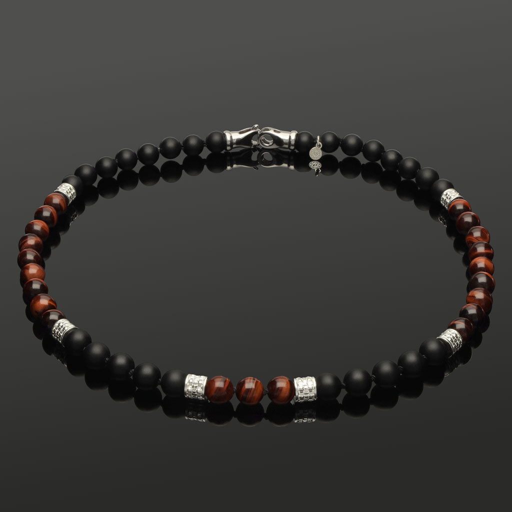 Halskette mit rotem Tigerauge, Onyx & 925 Silber in 8 mm