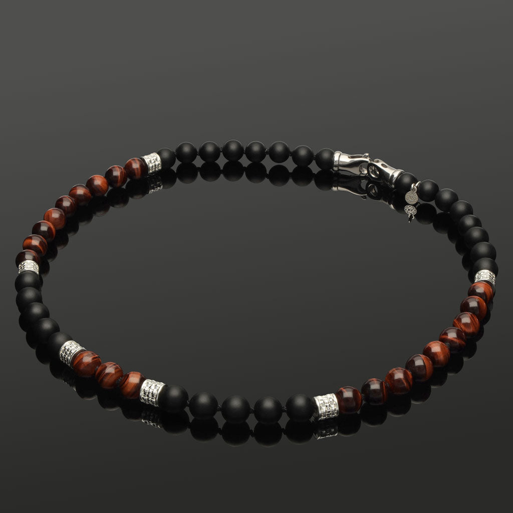 Halskette mit rotem Tigerauge, Onyx & 925 Silber in 8 mm