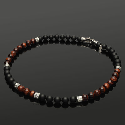 Halskette mit rotem Tigerauge, Onyx & 925 Silber in 8 mm