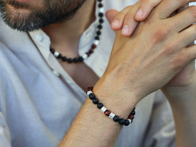 Herren Armband mit rotem Tigerauge, Onyx & 925 Silber in 8 mm
