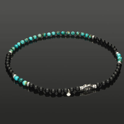 Halskette mit Chrysokoll, Onyx & 925 Silber in 6 mm