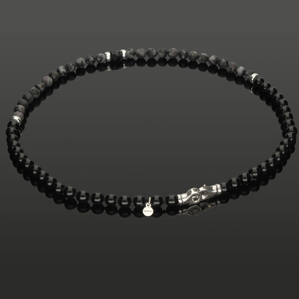 Halskette mit Indigo Gabbro, Onyx & 925 Silber in 6 mm