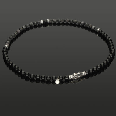 Halskette mit Indigo Gabbro, Onyx & 925 Silber in 6 mm