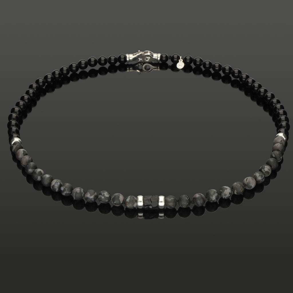 Halskette mit Indigo Gabbro, Onyx & 925 Silber in 6 mm