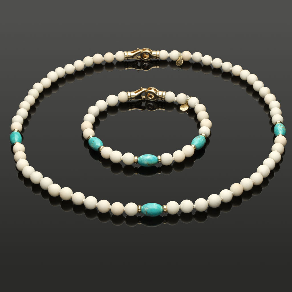 Halskette mit weißer Jade, Türkis und 585 Gelbgold in 6mm