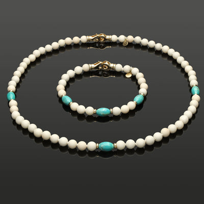 Halskette mit weißer Jade, Türkis und 585 Gelbgold in 6mm