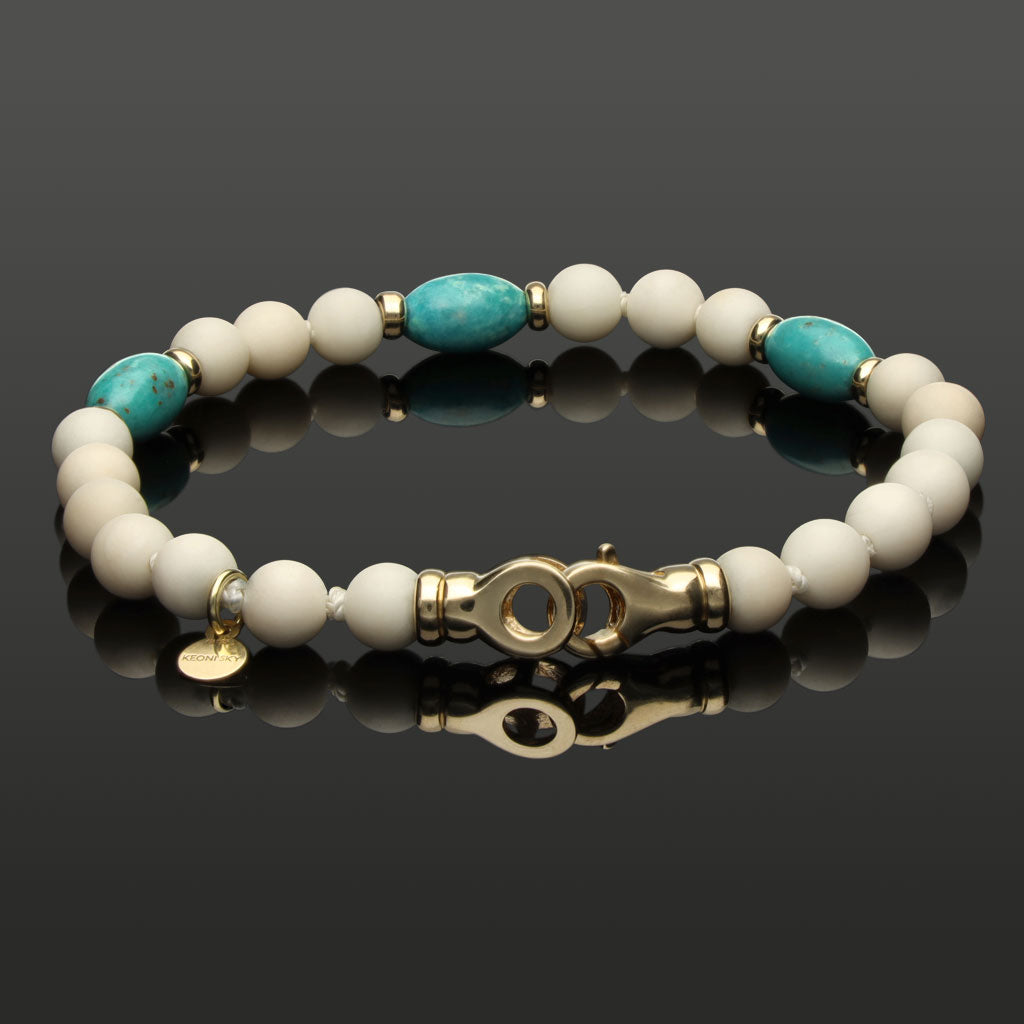 Armband mit weißer Jade, Türkis und 585 Gelbgold in 6mm