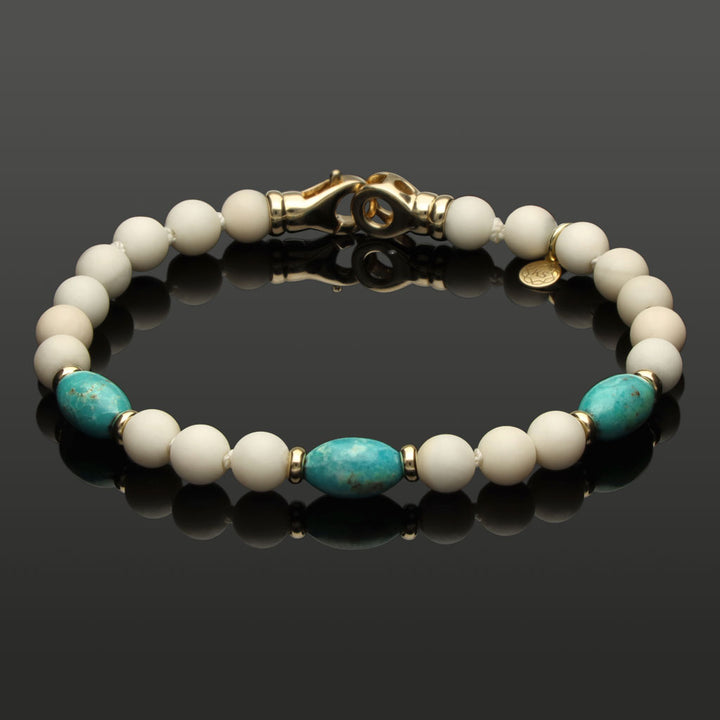 Armband mit weißer Jade, Türkis und 585 Gelbgold in 6mm