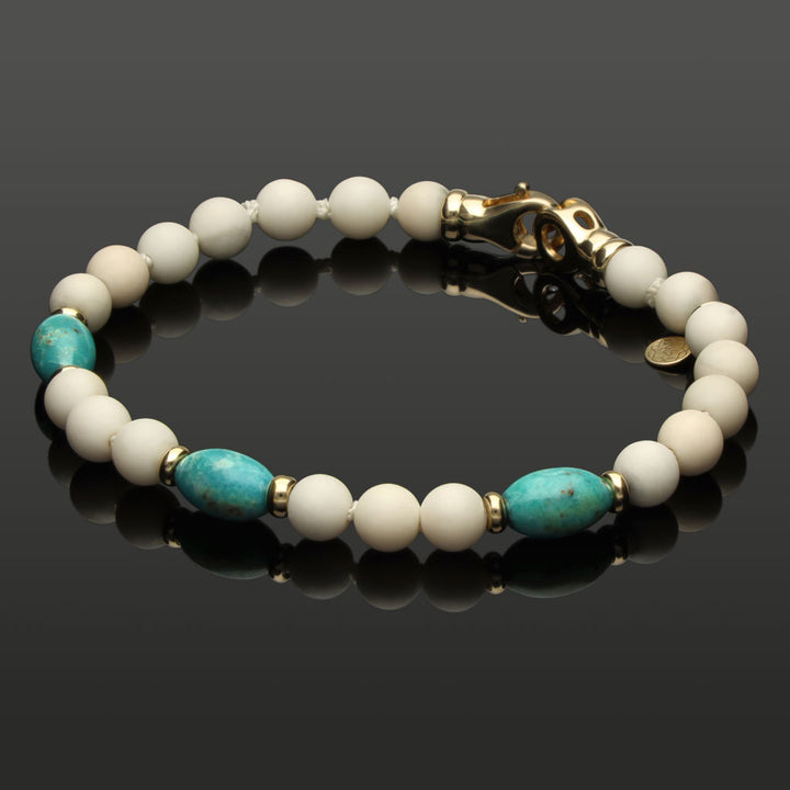 Armband mit weißer Jade, Türkis und 585 Gelbgold in 6mm