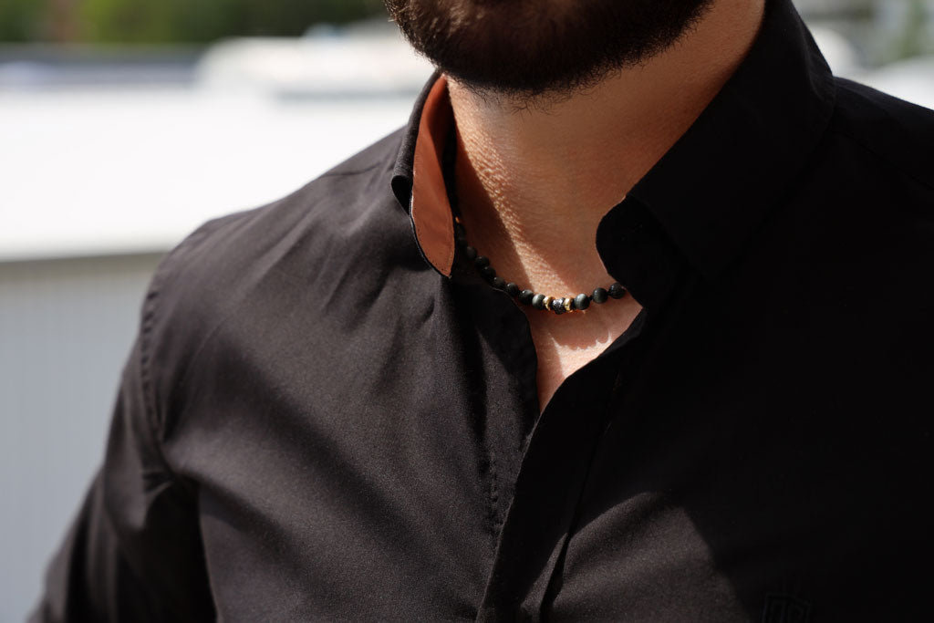 Halskette mit schwarzem Rohdiamant, 585 Gelbgold, Falkenauge &amp; Onyx in 6mm