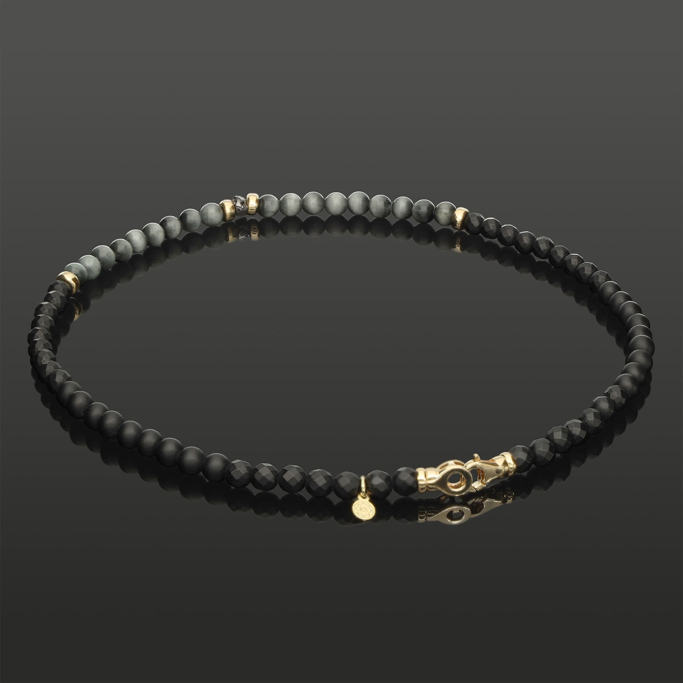 Halskette mit schwarzem Rohdiamant, 585 Gelbgold, Falkenauge & Onyx in 6mm