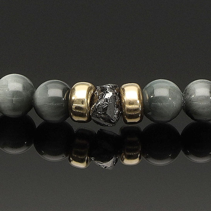 Halskette mit schwarzem Rohdiamant, 585 Gelbgold, Falkenauge &amp; Onyx in 6mm