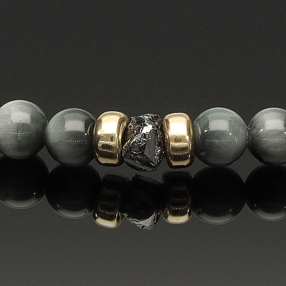 Halskette mit schwarzem Rohdiamant, 585 Gelbgold, Falkenauge & Onyx in 6mm