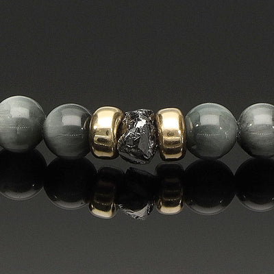 Halskette mit schwarzem Rohdiamant, 585 Gelbgold, Falkenauge & Onyx in 6mm