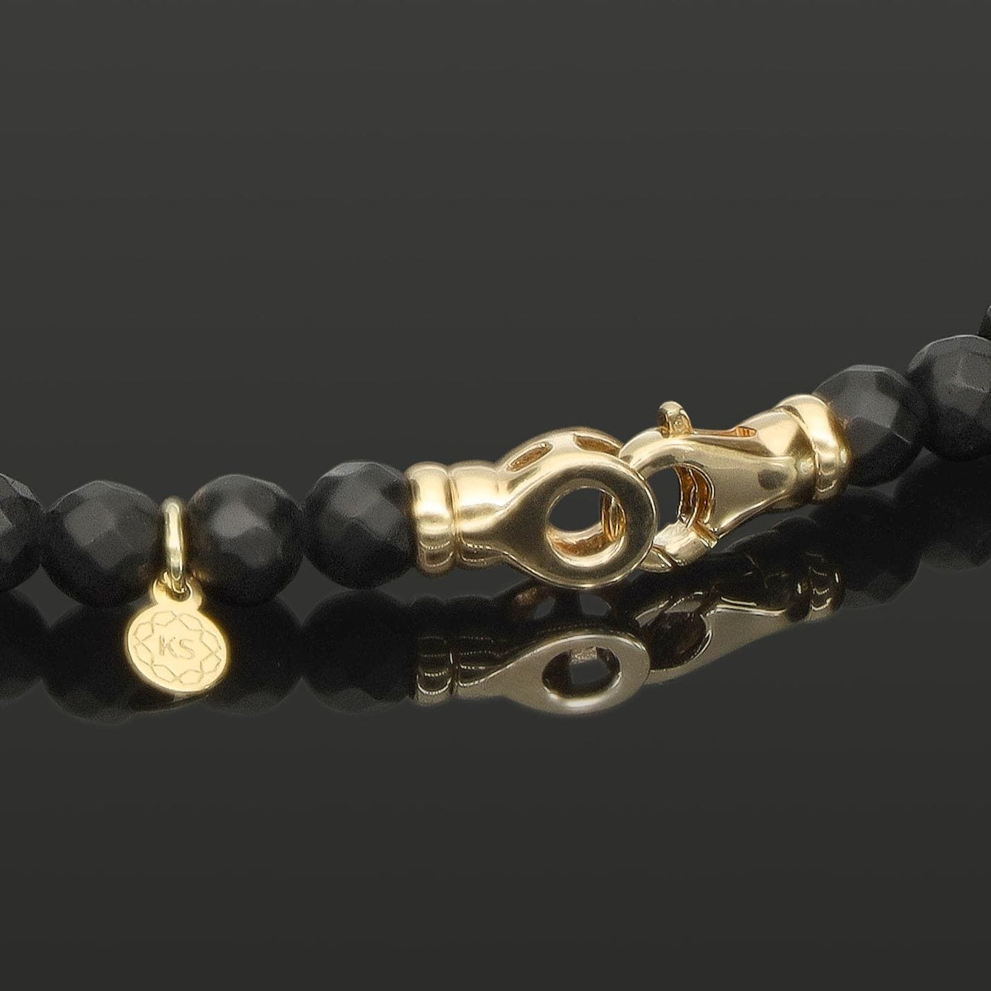 Halskette mit schwarzem Rohdiamant, 585 Gelbgold, Falkenauge & Onyx in 6mm