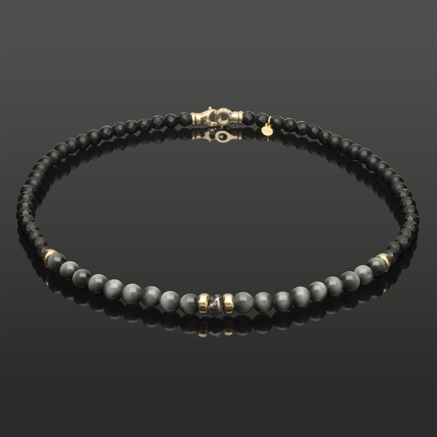 Halskette mit schwarzem Rohdiamant, 585 Gelbgold, Falkenauge & Onyx in 6mm