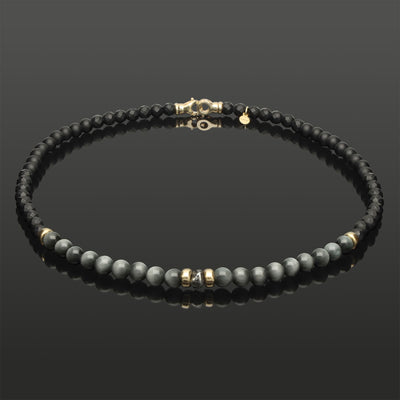 Halskette mit schwarzem Rohdiamant, 585 Gelbgold, Falkenauge & Onyx in 6mm