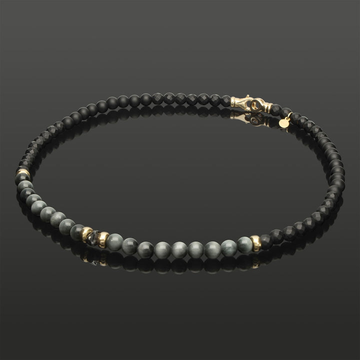 Halskette mit schwarzem Rohdiamant, 585 Gelbgold, Falkenauge &amp; Onyx in 6mm
