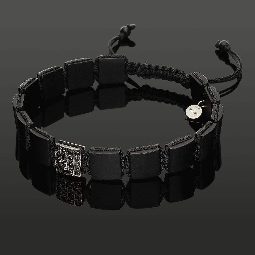 Edelstein-Armband mit 16 schwarzen Diamanten in schwarz rhodiniertem 585 Weißgold &amp; SkyBlock Onyx in 10mm