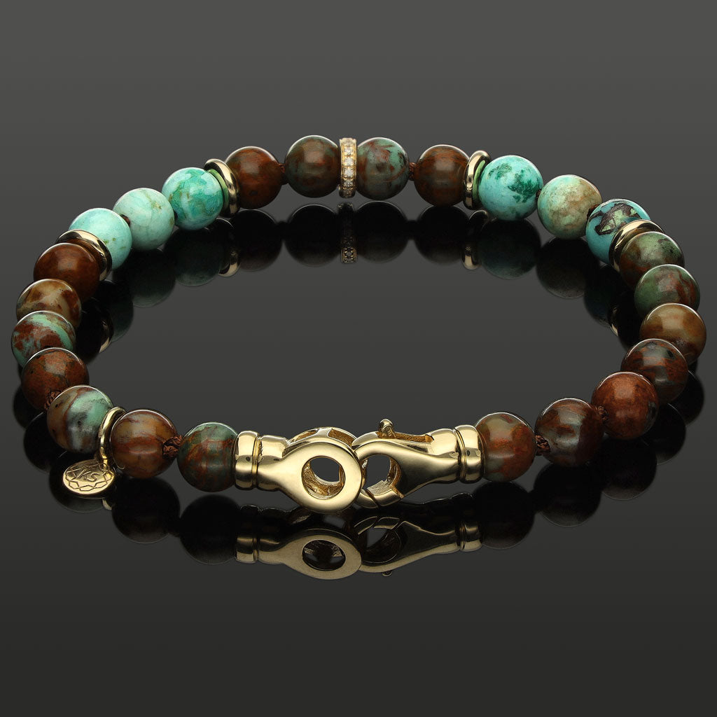 Armband mit 16 weißen Diamanten in 585 Gelbgold, afrikanischem grünen Opal &amp; peruanischem Türkis in 6 mm