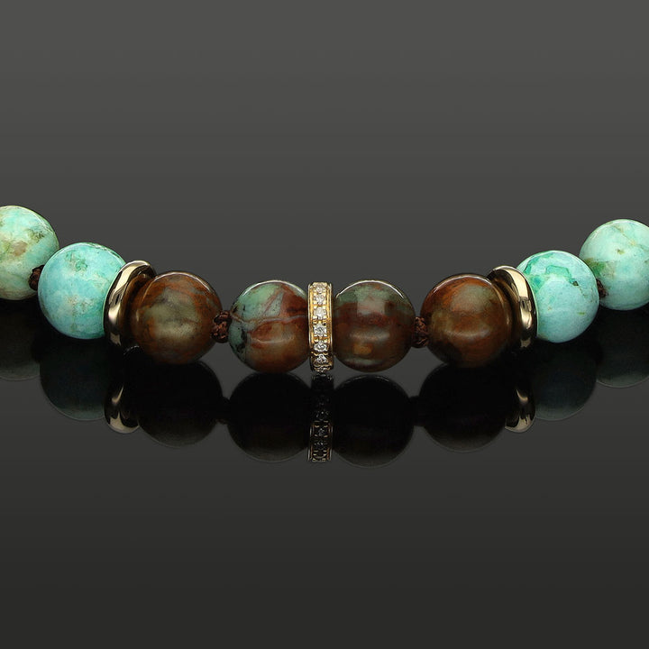 Armband mit 16 weißen Diamanten in 585 Gelbgold, afrikanischem grünen Opal &amp; peruanischem Türkis in 6 mm