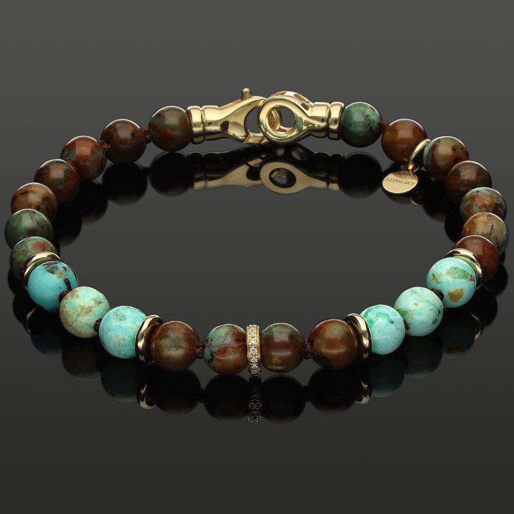 Armband mit 16 weißen Diamanten in 585 Gelbgold, afrikanischem grünen Opal &amp; peruanischem Türkis in 6 mm