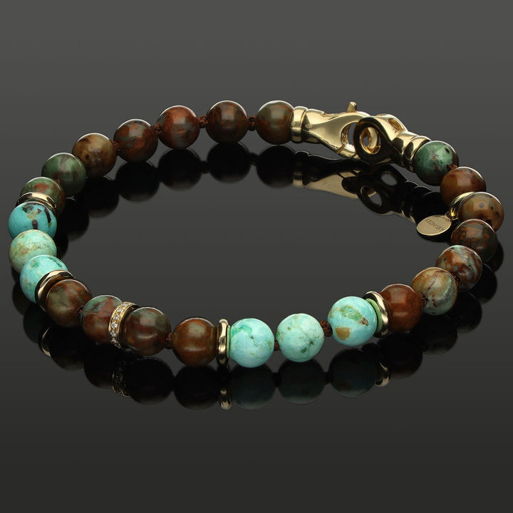 Armband mit 16 weißen Diamanten in 585 Gelbgold, afrikanischem grünen Opal &amp; peruanischem Türkis in 6 mm