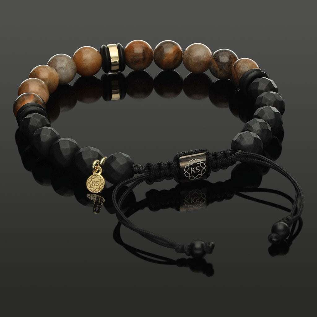 Makramee-Armband aus goldbraunem Mondstein, 585 Gelbgold &amp; Onyx in 8mm