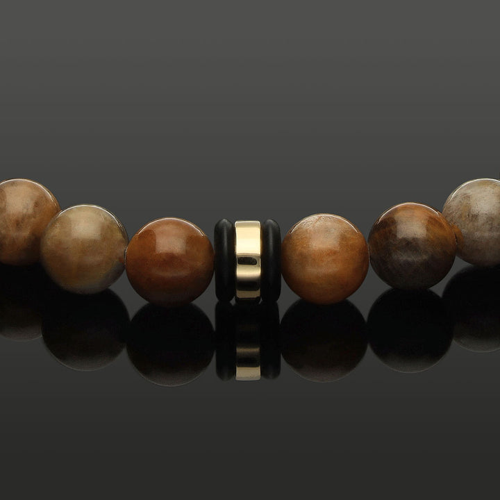 Makramee-Armband aus goldbraunem Mondstein, 585 Gelbgold &amp; Onyx in 8mm