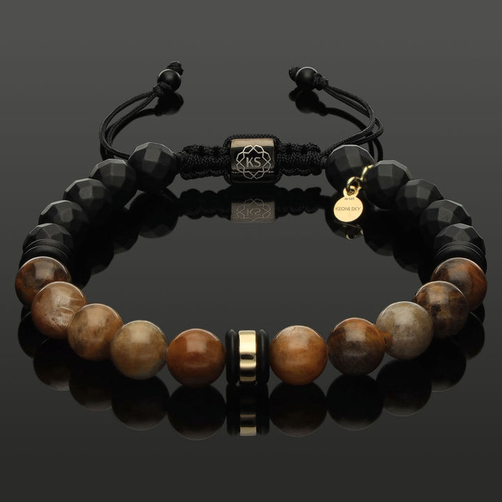 Makramee-Armband aus goldbraunem Mondstein, 585 Gelbgold &amp; Onyx in 8mm
