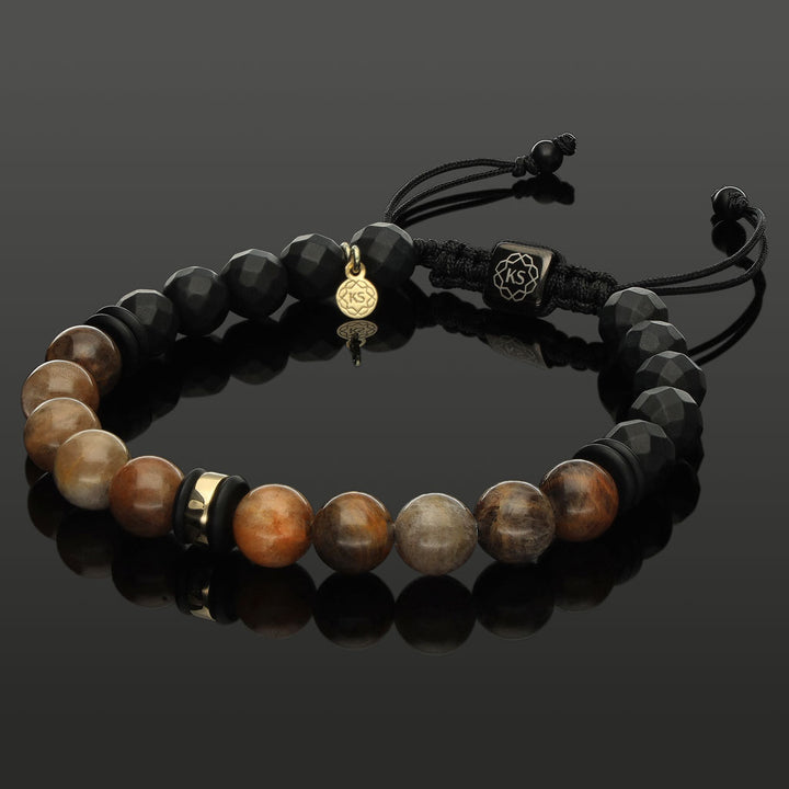 Makramee-Armband aus goldbraunem Mondstein, 585 Gelbgold &amp; Onyx in 8mm