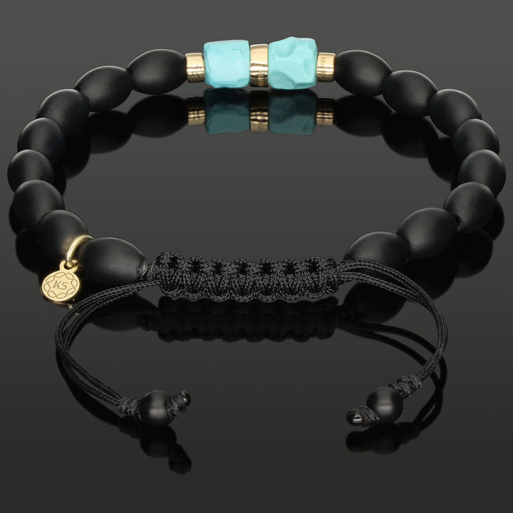 Makramee-Armband mit SkyRock aus Türkis, 585 Gelbgold &amp; Onyx in 6mm