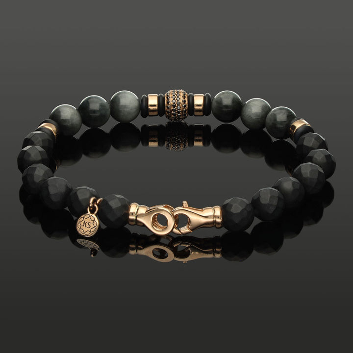 Edelstein-Armband mit 76 schwarzen Diamanten in 585 Roségold, Falkenauge &amp; Onyx in 8mm