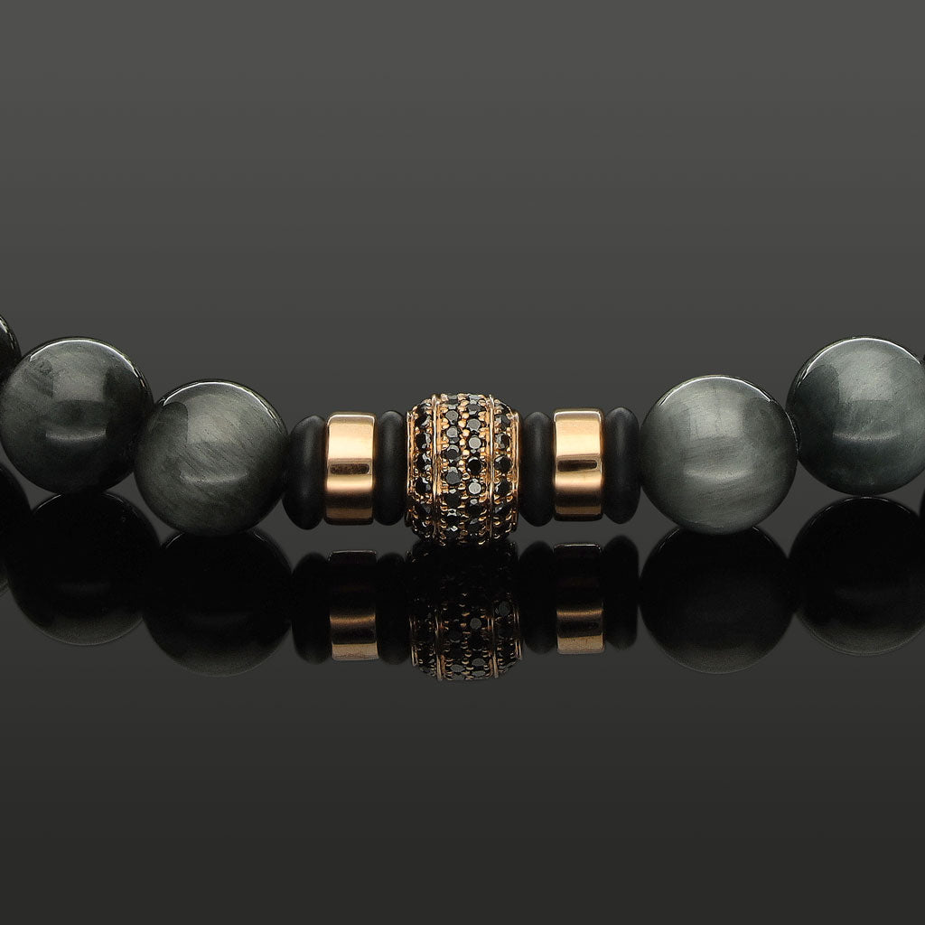 Edelstein-Armband mit 76 schwarzen Diamanten in 585 Roségold, Falkenauge &amp; Onyx in 8mm