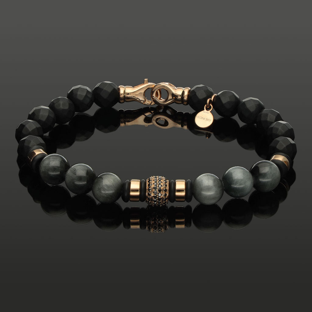 Edelstein-Armband mit 76 schwarzen Diamanten in 585 Roségold, Falkenauge & Onyx in 8mm