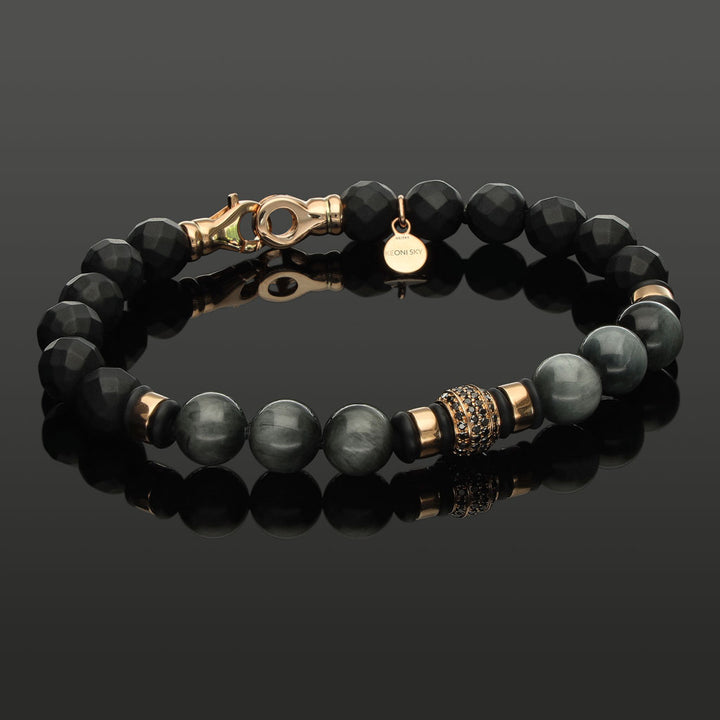 Edelstein-Armband mit 76 schwarzen Diamanten in 585 Roségold, Falkenauge &amp; Onyx in 8mm