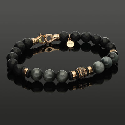 Edelstein-Armband mit 76 schwarzen Diamanten in 585 Roségold, Falkenauge & Onyx in 8mm