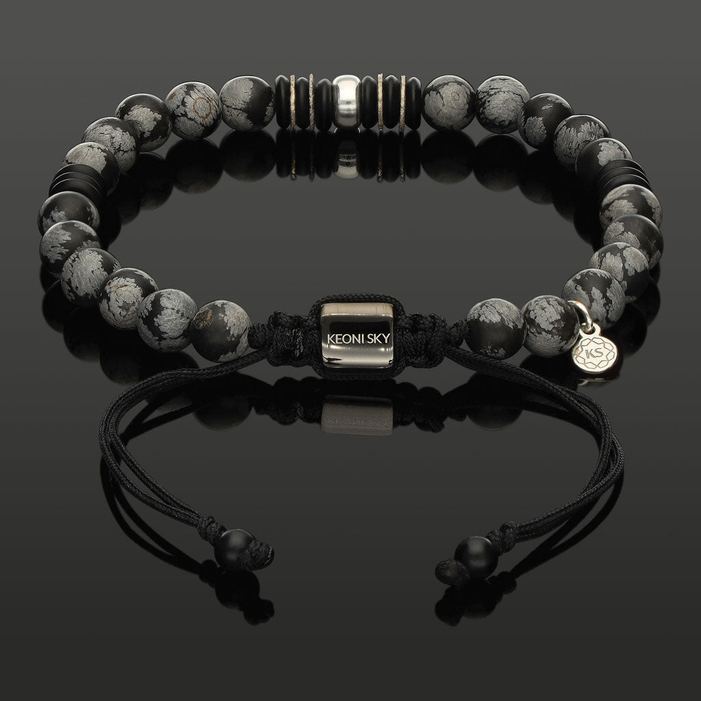 Makramee-Armband aus Schneeflocken-Obsidian, Onyx &amp; 925 Silber in 6mm