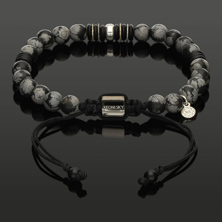 Makramee-Armband aus Schneeflocken-Obsidian, Onyx &amp; 925 Silber in 6mm