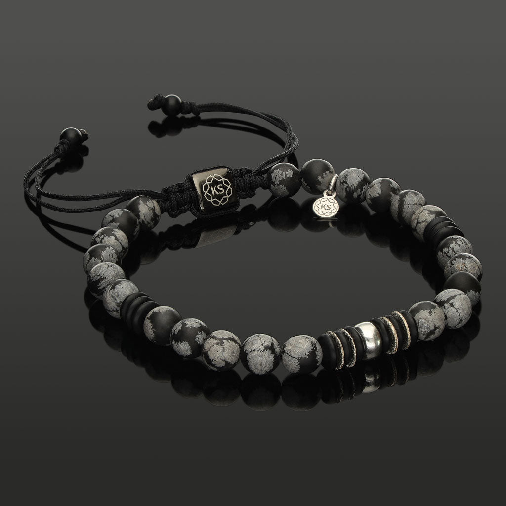 Makramee-Armband aus Schneeflocken-Obsidian, Onyx &amp; 925 Silber in 6mm