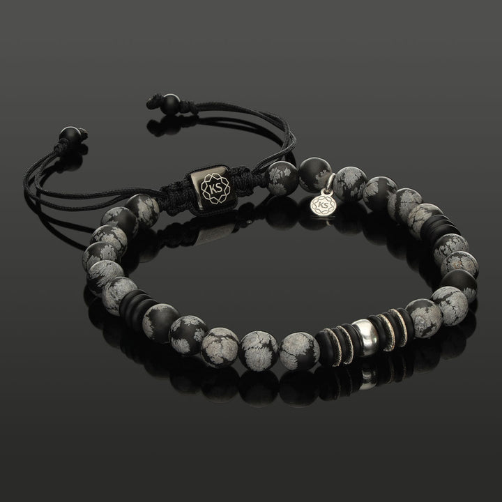 Makramee-Armband aus Schneeflocken-Obsidian, Onyx &amp; 925 Silber in 6mm