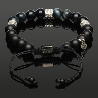 Makramee-Armband mit blauem Tigerauge, Onyx & 925 Silber in 8mm